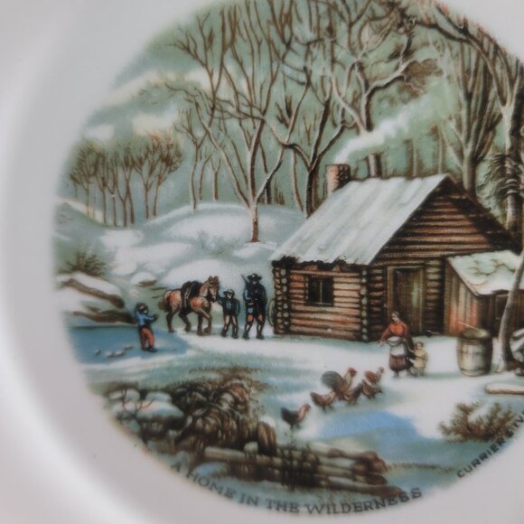 TWO Harker Pottery Currier and Ives Bread Plates Wilderness Feeding the Chickens - Picture 7 of 14